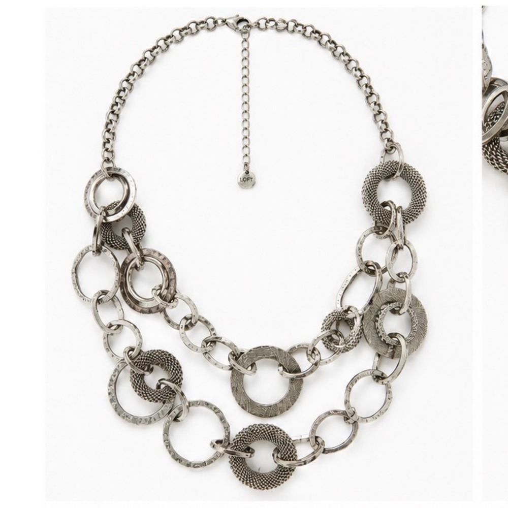 LOFT Silver Tone Necklace Multi Strand Textured Circle Links Chunky Chain